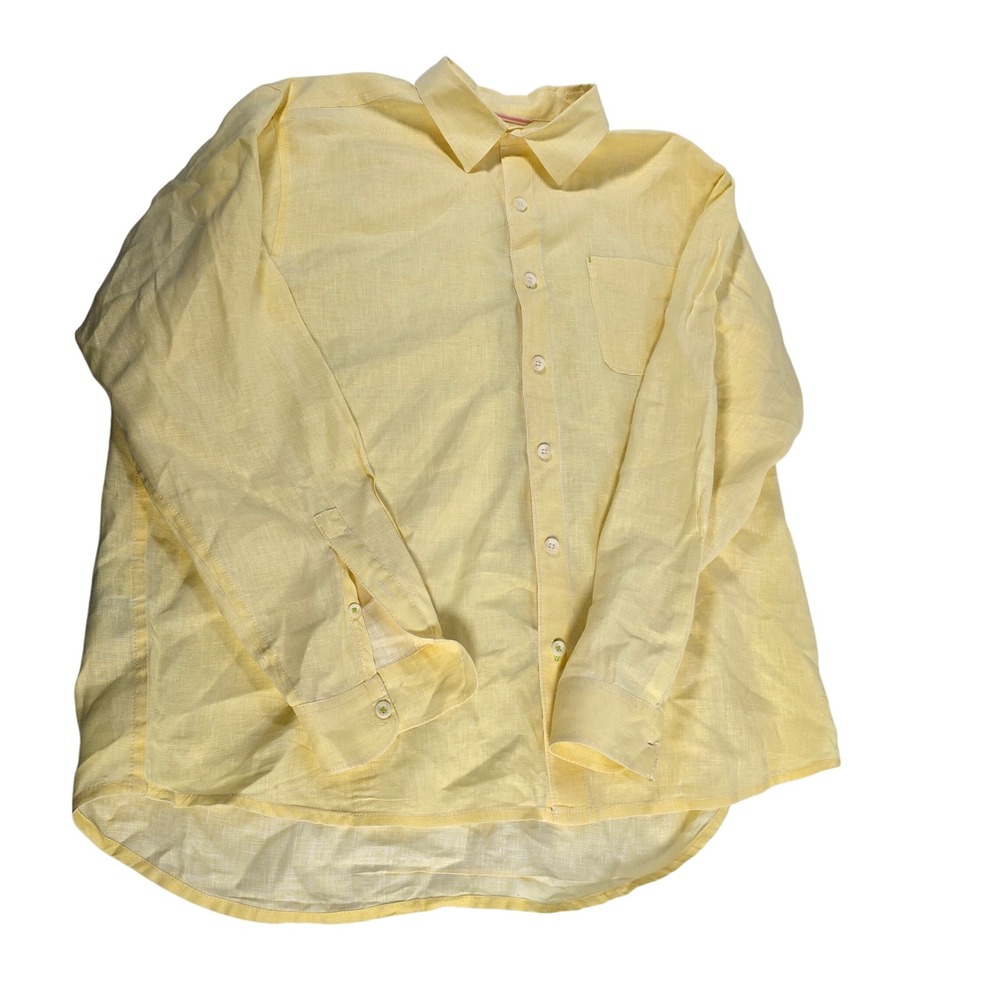 Tommy Bahama‎ Mens Yellow Linen Long Sleeve Button Up Shirt XL Palm Tree Logo